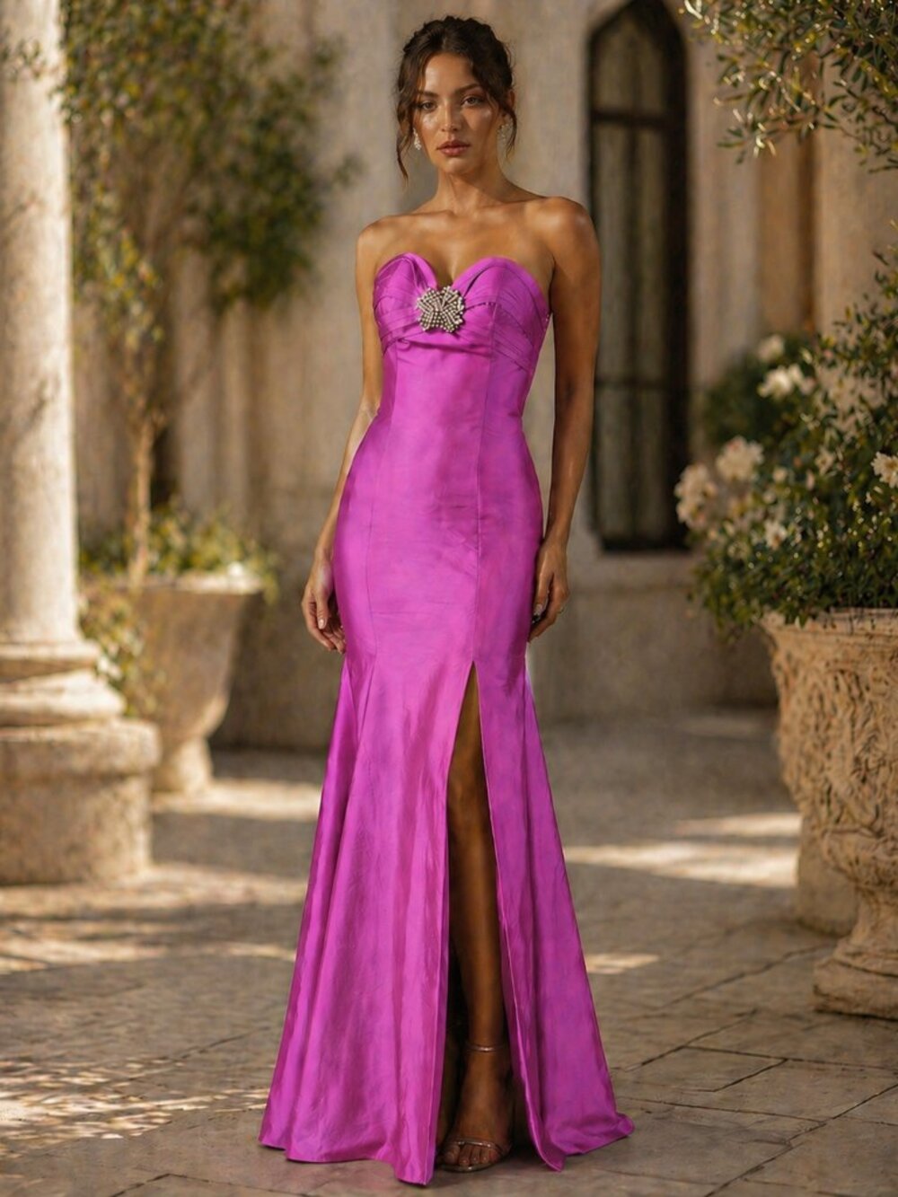 Jovani Fuchsia Silk Sweetheart Trumpet Gown | Strapless Formal Dress w/ Bow Back